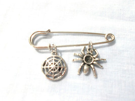 Creepy Spider And Web Double Silver Alloy Charms On 2&quot; Safety Pin Brooch - £4.80 GBP