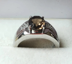 Men&#39;s Brazilian Smoky Quartz / White Zircon Ring in Stainless Steel 3.65ct Sz 12 - £15.94 GBP