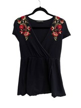 ZARA KNIT Womens Dress Navy Blue Faux Wrap Embroidered Floral Short Sleeve Sz S - £11.13 GBP