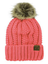 Coral - BeanieThick Cable Knit Faux Fuzzy Fur Pom Fleece - £29.71 GBP