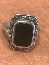 Estate 925 Marked Thin Silver Band w Black Onyx Rectangle Rimmed in Marcasite - £18.77 GBP
