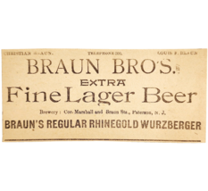 1895 Braun Bros Lager Beer Victorian Advertisement Rhinegold Wurzberger ... - $19.99