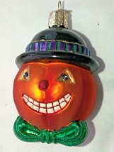 OWC Jack O&#39;Lantern Halloween Ornament w/ Black Hat and Green Bow  - £15.81 GBP