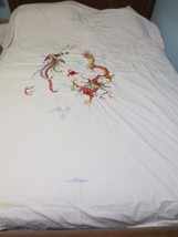 Vtg Handmade Japanese Style Embroidery Dragon Bird Bed Cover Spread Pink Shams - £117.95 GBP