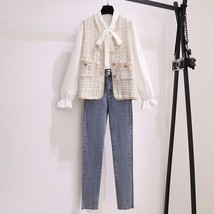 Spring Women&#39;s 3 Pieces Pants Outfits 2022 Korean Office Lady Bow Shirts+Vest+Je - £82.03 GBP