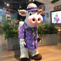 Lavender Hereford Cow mascot costume character dressed with a Henley Shirt and E - £1,060.41 GBP