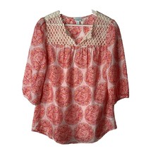 CALYPSO St. Barth Size XS Blouse Top Silk Pink Floral Boho Mandala Crochet Trim - $23.32