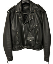 Unik Mens Vtg Leather Motorcycle Jacket Black Belted Harley Davidson Patch Sz 46 - £77.86 GBP