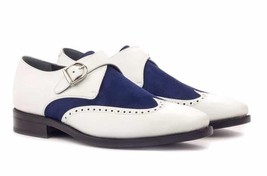 New handmade goodyear welt single monk navy white calf suede shoe thumb200