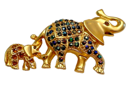 Brooch Elelphant Gold Tone Baby Calf Mother Rhinestone Crystal Pin 2 1/2&quot; Long - £10.41 GBP