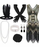 Women&#39;s Fepito 8 Pc 1920&#39;s Flapper Dress Black/Gold Costume Accessories ... - €34,57 EUR