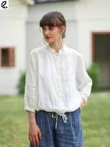 Women&#39;s stand-up collar linen shirt, lace-up, cardigan, three-quarter sleeves - £58.27 GBP