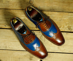 Handmade Men Blue Brown Leather Wing Tip Lace Up Shoes, Men Dress Fashion Shoes - £116.88 GBP