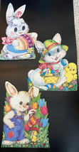 3 Vintage Easter Bunny Die Cut Decorations Lot Made USA 15&quot; Easter Eggs - $19.77