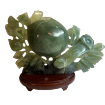 Carved Green Xiu Jade Jadeite Statue Peach Shou Longevity Fruit w/ Wood ... - $169.99
