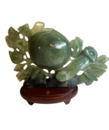 Carved Green Xiu Jade Jadeite Statue Peach Shou Longevity Fruit w/ Wood ... - $3,132.66 MXN