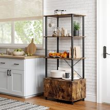 Rustic Brown 4-Tier Bakers Rack with Wood Cabinet Industrial MDF - £182.65 GBP