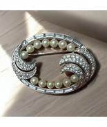 Vintage Silver Tone Faux Pearl And Rhinestone Ocean Waves Brooch Pin - $9.99