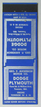 Geo. F. Anderson Motor Co. Dodge Plymouth - Towson, Maryland Car Matchbook Cover - £1.56 GBP