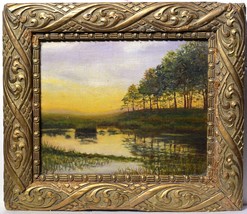 Sunset Landscape with Art Nouveau Frame, 19th Century Oil Painting  - £193.44 GBP