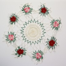 Vintage Crochet Cotton Lace Green Red Pink Raised Roses Doily Mat Center... - $17.79