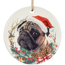 Funny Pug Puppy Dog Santa Hat and Flower Wreath Christmas Ornament Gift Decor - £11.83 GBP