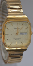 Vtg Armitron Steel Watch Gold Tone Day Date 30M Square Dial Stretch New Battery - £19.74 GBP