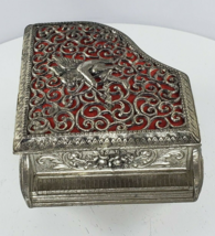 Vintage Silver Metal Grand Piano Cupid Cherub Birds Jewelry Trinket Music Box - £40.54 GBP