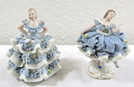 Pair of Antique Irish MZ Dresden Lace Figurines Sisters at a Ball - $188.39 CAD