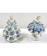 Pair of Antique Irish MZ Dresden Lace Figurines Sisters at a Ball - $188.21 CAD