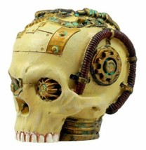 Severed Steampunk Cyborg Skull Figurine 3&quot;H Robotic Skull With Painted Gear Work - £15.97 GBP