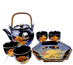 Otagiri Japan Set Tray Teapot Cups Gold Sea Shell - £39.22 GBP