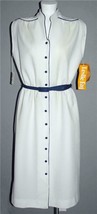 Vtg LESLIE FAY White Pique Navy Trim Belt Mod Stewardess Dress Wm&#39;s 14 N... - £47.15 GBP