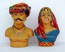 Terracotta Exotic Couple Statue Rajasthani Famous Kaka Kaki Tribal Ethnic Figure - $93.93