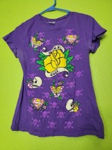 Juniors Graphic Tee Shirt Purple Super Girl Tattoos Roses Skulls Medium - £15.62 GBP