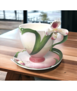 Franz Slipper Orchid Teacup Porcelain Saucer 3” Cup Pink Green 3D Floral... - £103.54 GBP