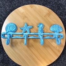 Cast Iron Beach Themed Wall Hook Rustic Blue 4 hooks Seashells Starfish Seahorse - £13.93 GBP