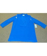 Womens Blouse Chaus NY Blue 3/4 Sleeve Collared V-Neck Zippered Top-size L - £22.68 GBP