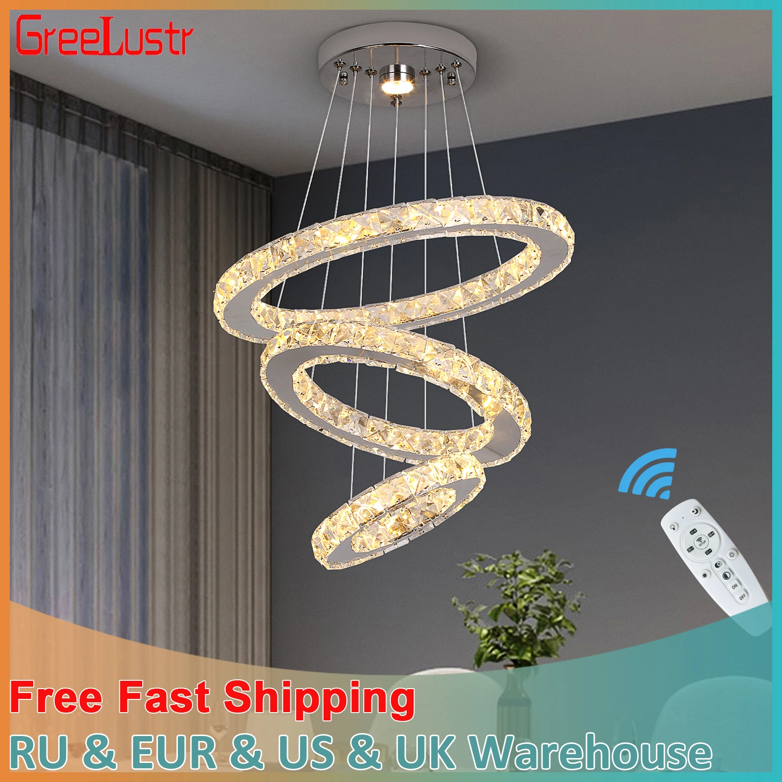 Modern Pendant Lighting Rings Led Crystal Chandelier Hanging Lustre Lamp... - $56.18+