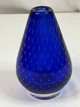 Vintage Randsfjord Handblown Blue Glass Vase Norway With Controlled Bubbles Mcm - £57.83 GBP