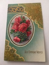 Vintage Postcard Unposted Best Birthday Wishes Green &amp; Gold With Red Flowers - £2.46 GBP