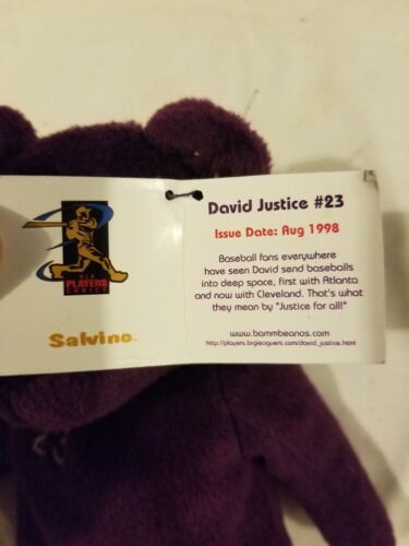 Salvinos Bamm Beanos Beanie Baby Plush Purple David Justice Indians Braves w/tag - £9.22 GBP
