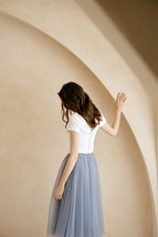 Rose Pink Gray White Tulle Midi Skirt High Waisted Tulle Bridesmaid Midi Skirt image 5