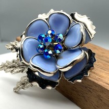 Vintage Blue Flower Brooch with Silver Tone Leaves, Bezel Set Lucite Petals and - £37.30 GBP