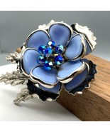 Vintage Blue Flower Brooch with Silver Tone Leaves, Bezel Set Lucite Pet... - £37.15 GBP