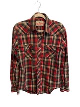 Vtg WRANGLER Mens Pearl Snap Shirt Red Black Plaid Metallic Thread Western M ? - £15.32 GBP