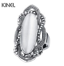 Top Quality Bohemian Style White Opal Ring Big Oval Silver Plated Mosaic AAA Gra - £6.96 GBP