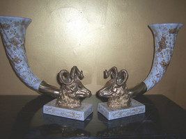 Pair Rams Head Maitland Smith Decorative Goldy Bronze &amp; White Ceramic Cornucopia - £559.44 GBP