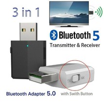 3 in 1 USB Bluetooth 5.0 Audio Transmitter/Receiver Adapter For TV/PC/Car Black - £9.66 GBP