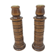 HOMCO Wooden Spool Candlestick Holders Brass Inserts Felted Bottom VTG Set of 2 - £23.71 GBP